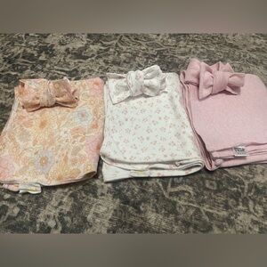 Little & Fern Pink Baby Swaddle Set and topknot x3